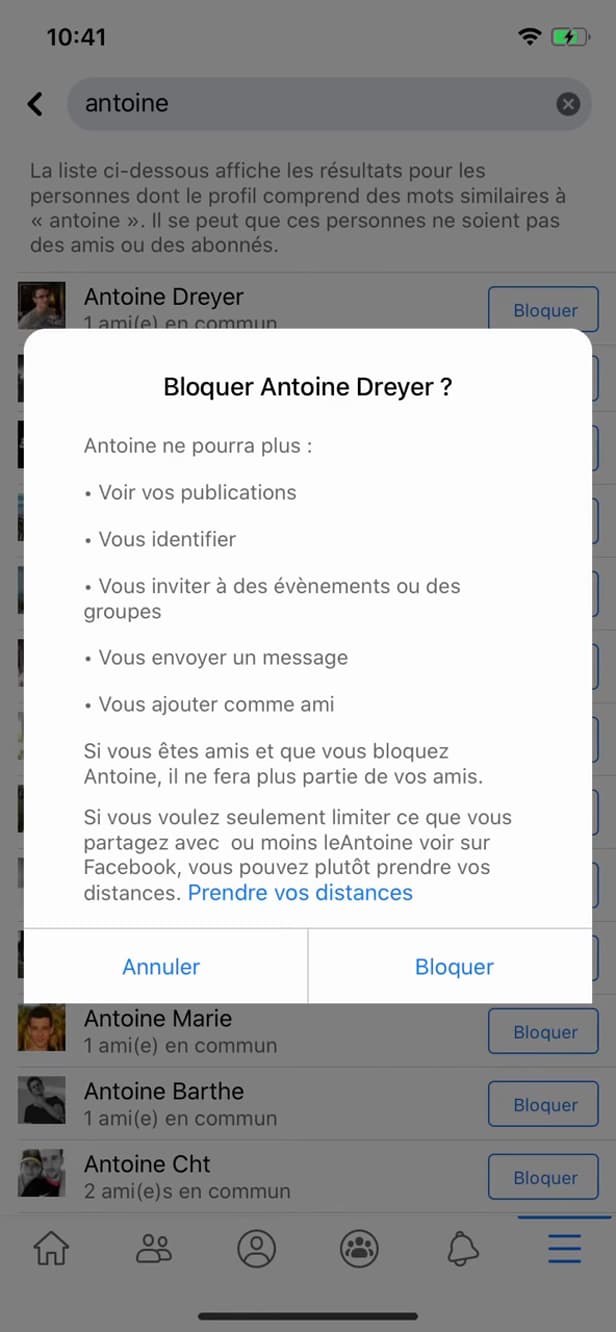 Facebook block confirmation window