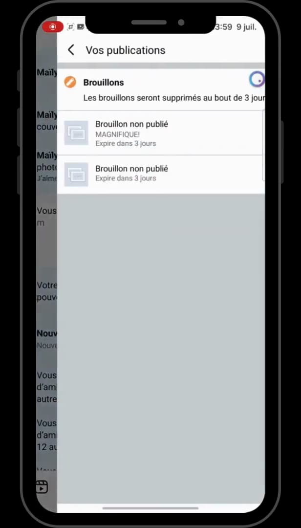 List of unpublished drafts in Your posts on Facebook