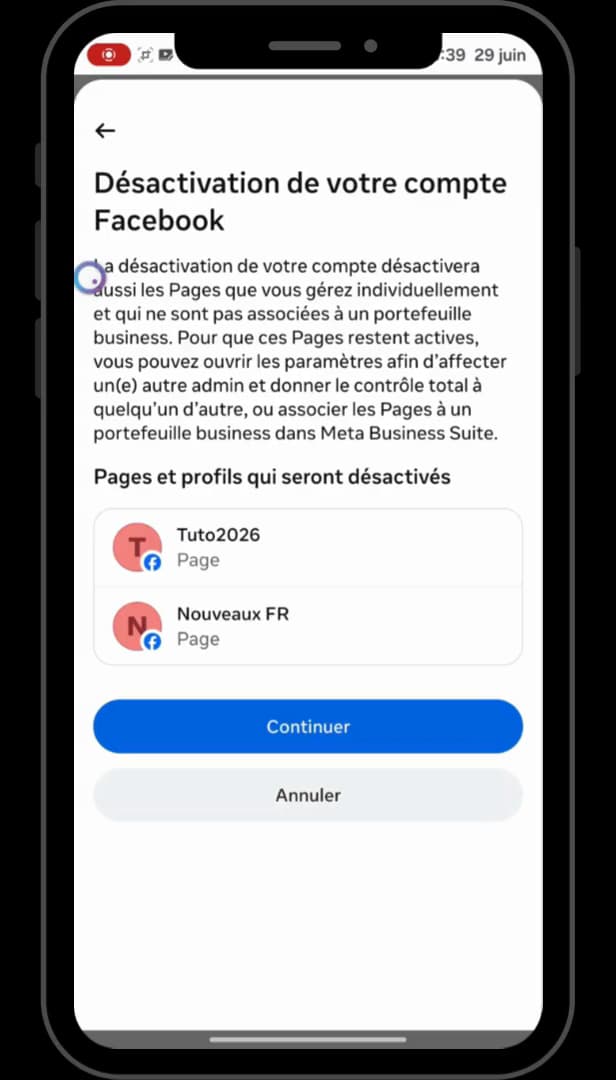 Écran de désactivation du compte Facebook avec le bouton Continuer