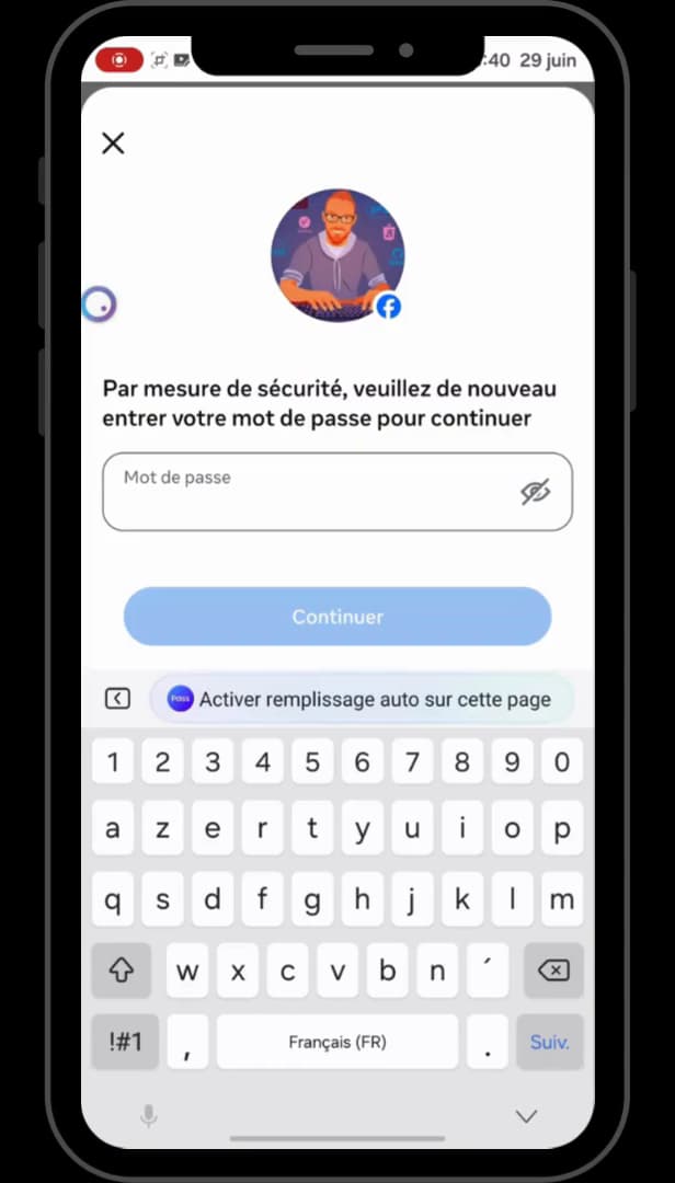 Écran de confirmation par mot de passe pour désactiver le compte Facebook
