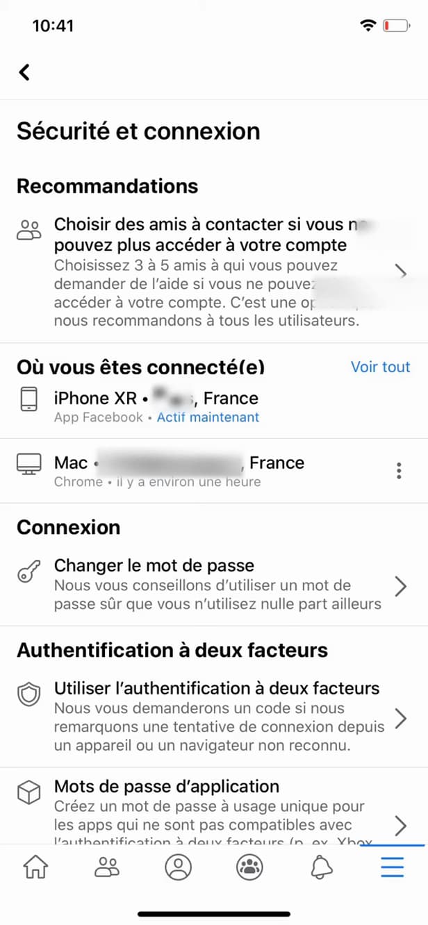 Facebook Password and security menu