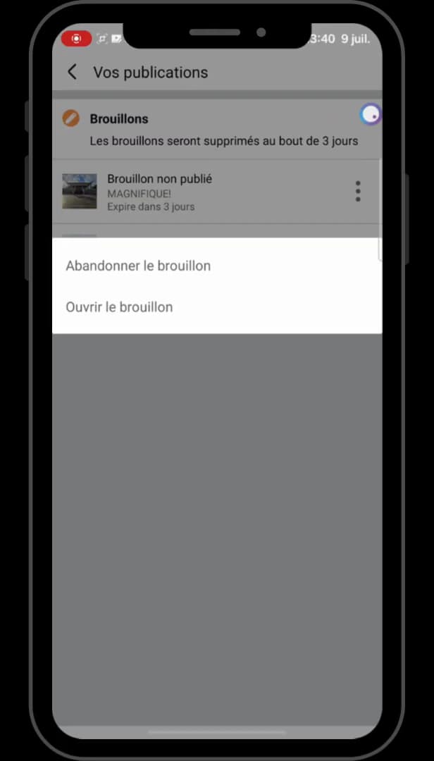 Options Ouvrir le brouillon et Abandonner le brouillon sur Facebook