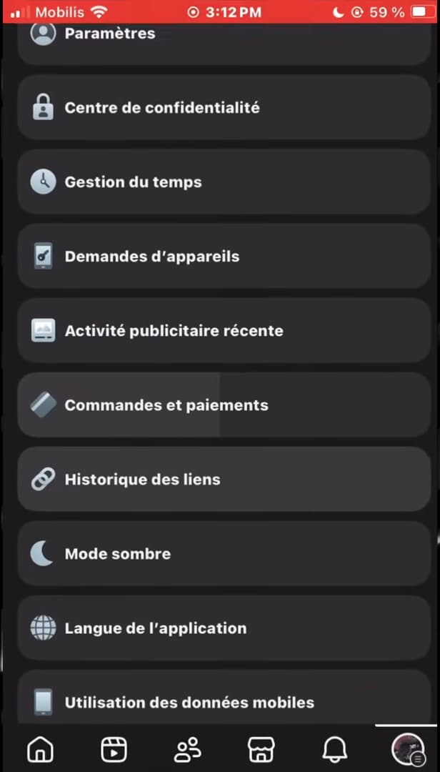 Facebook menu with access to Settings & privacy