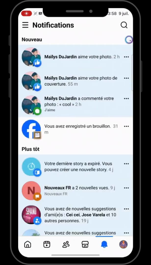 Notifications Facebook avec l'alerte d'un brouillon enregistré