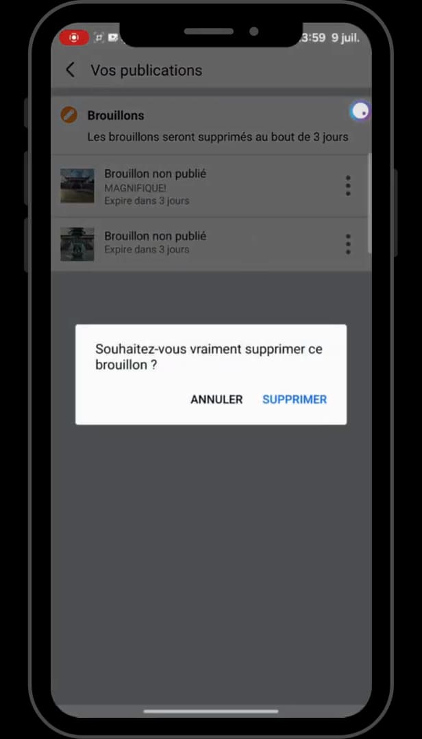 Fenêtre de confirmation de suppression d'un brouillon Facebook
