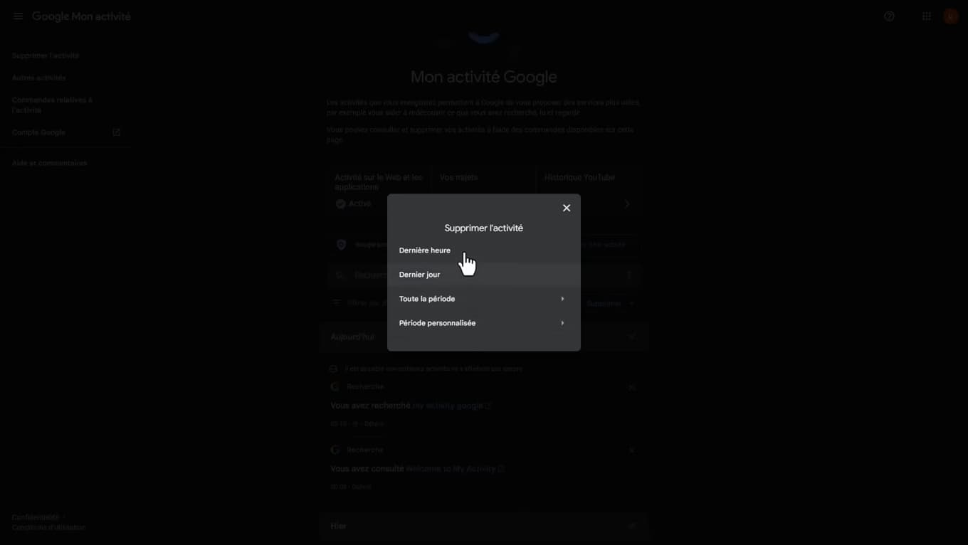 Google activity deletion menu by date range