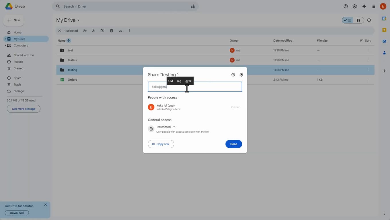 Fenêtre de partage d'un dossier Google Drive