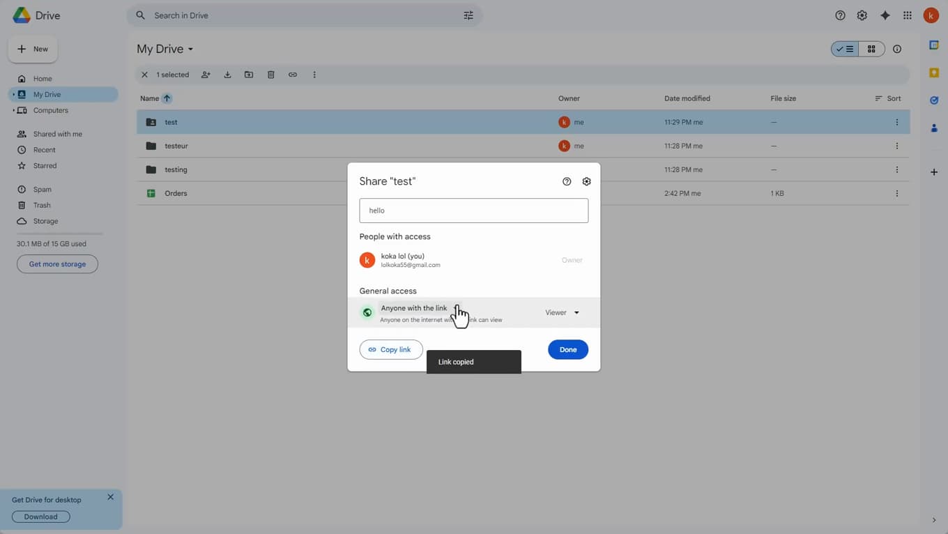 Copying the share link of a Google Drive folder
