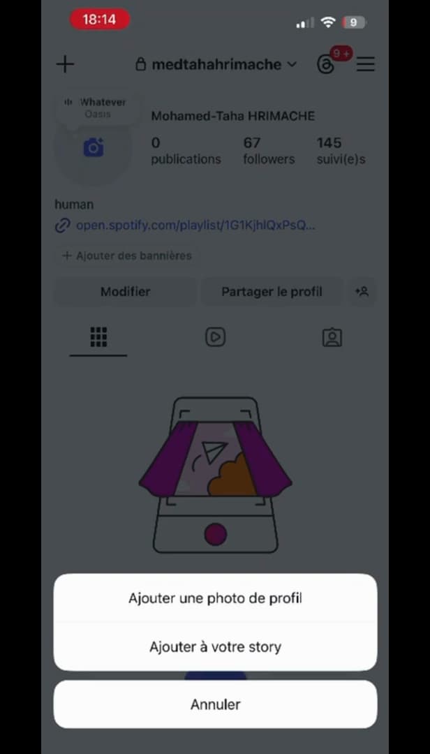 Instagram profile with the photo editing menu