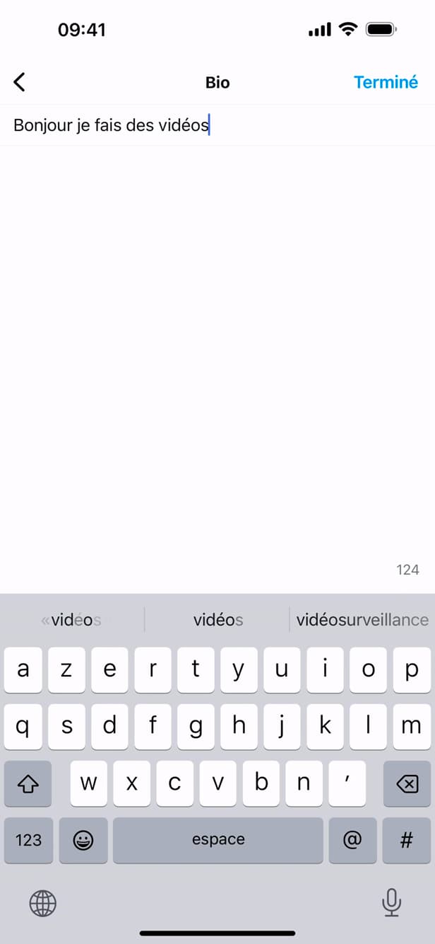 Saisie de la bio sur Instagram