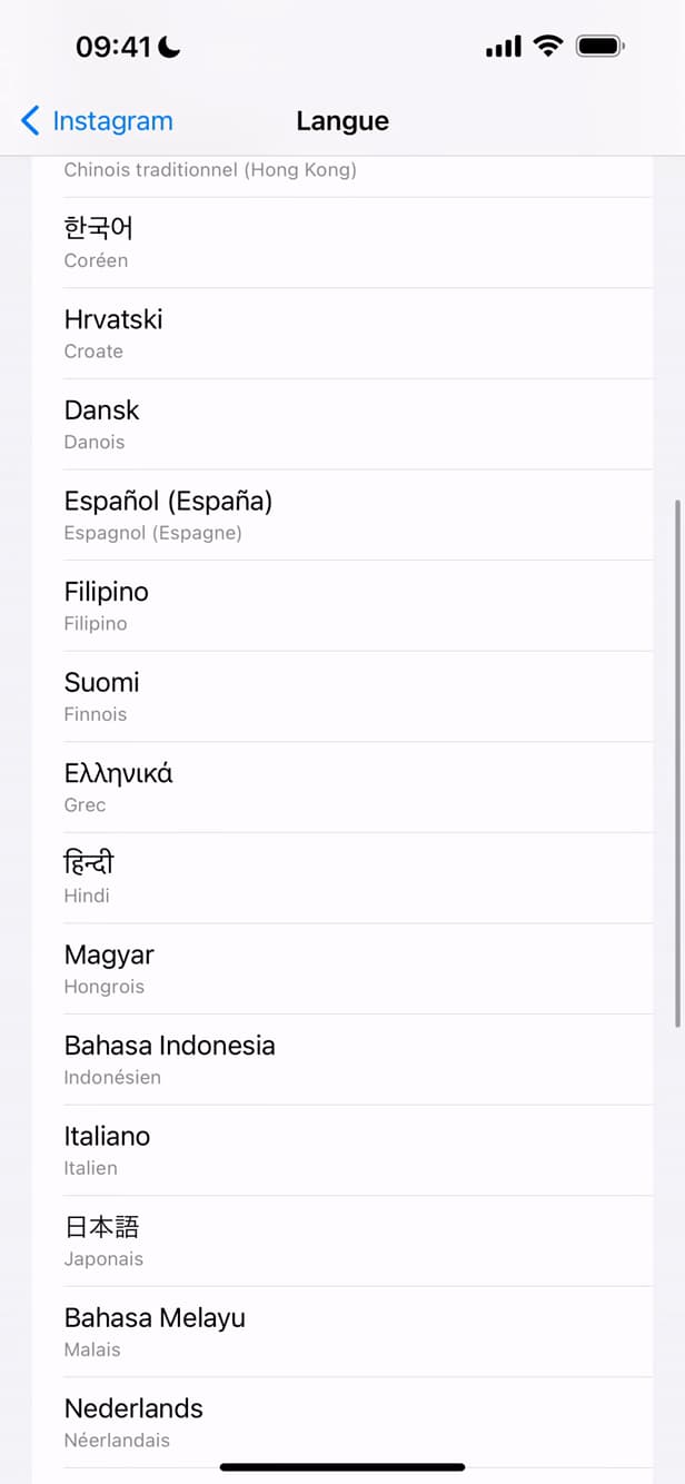 Liste des langues d'Instagram