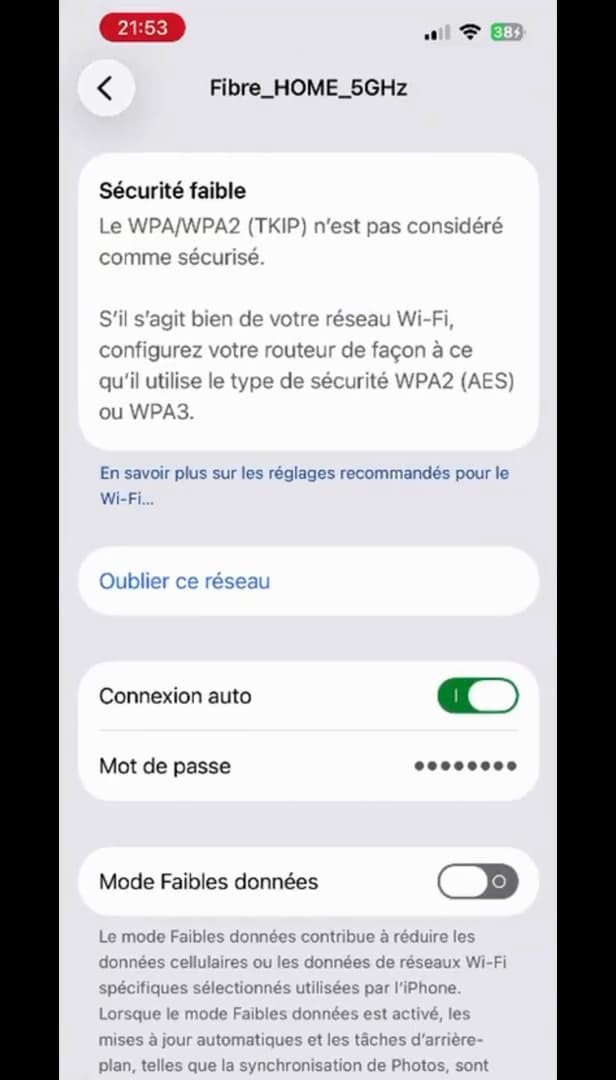 Wi-Fi network details on iPhone with the password hidden