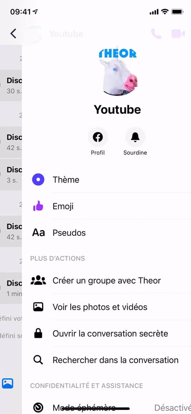 Menu d'une conversation Messenger avec l'option Rechercher