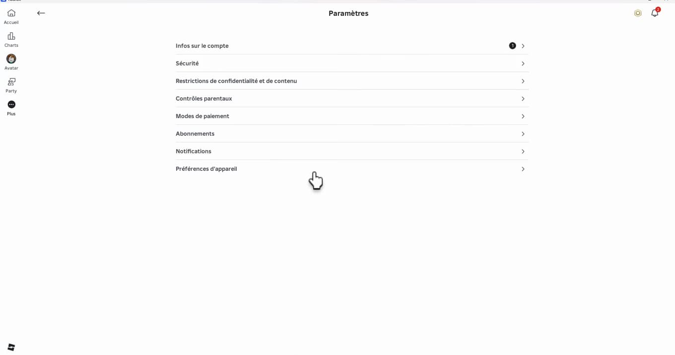 Menu des paramètres de Roblox