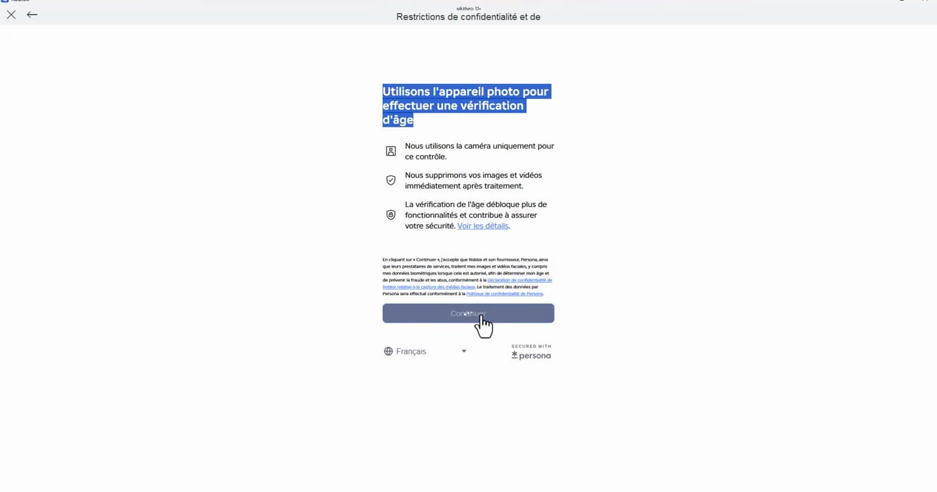 Roblox age verification screen using the camera