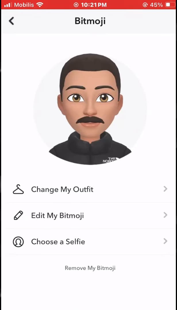Menu des réglages du Bitmoji dans Snapchat