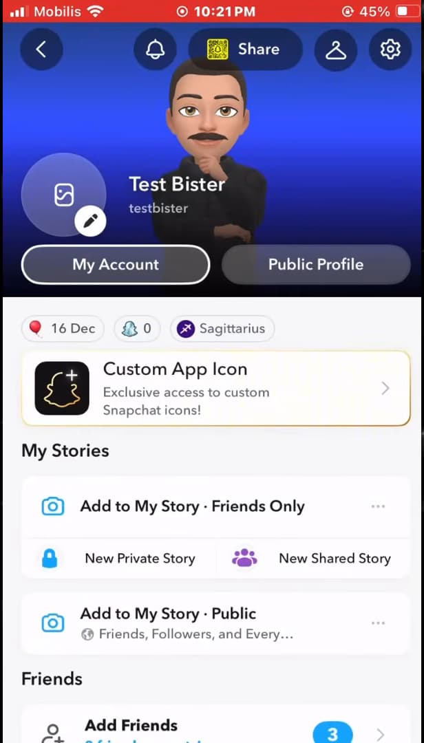 Page de profil Snapchat ouverte depuis l'avatar Bitmoji
