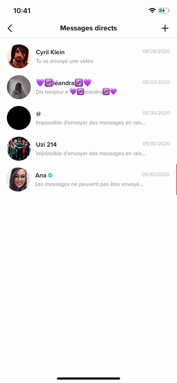 List of direct messages on TikTok