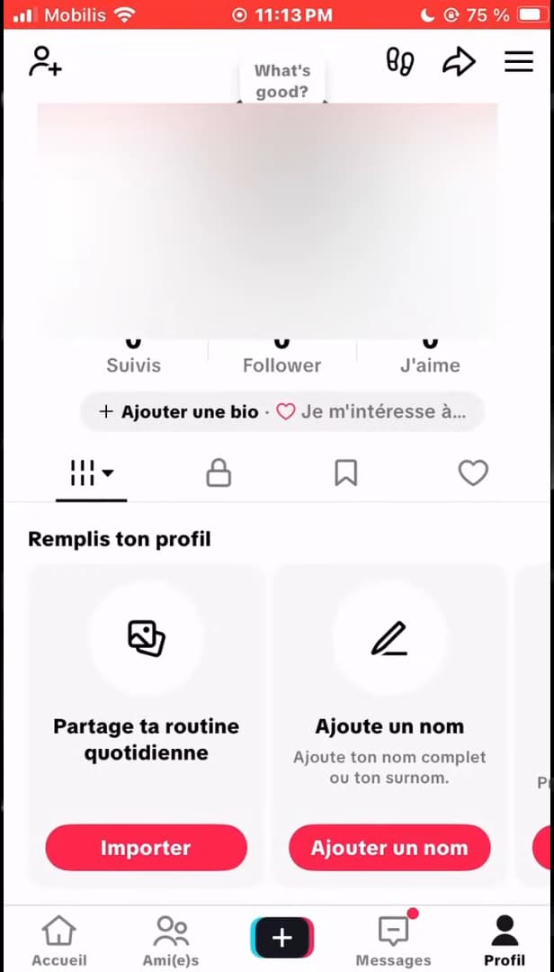 TikTok profile with access to the menu