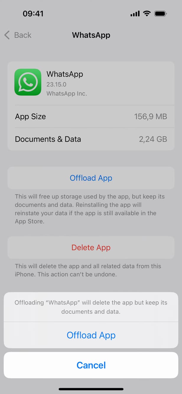 Confirmation of offloading WhatsApp on iPhone
