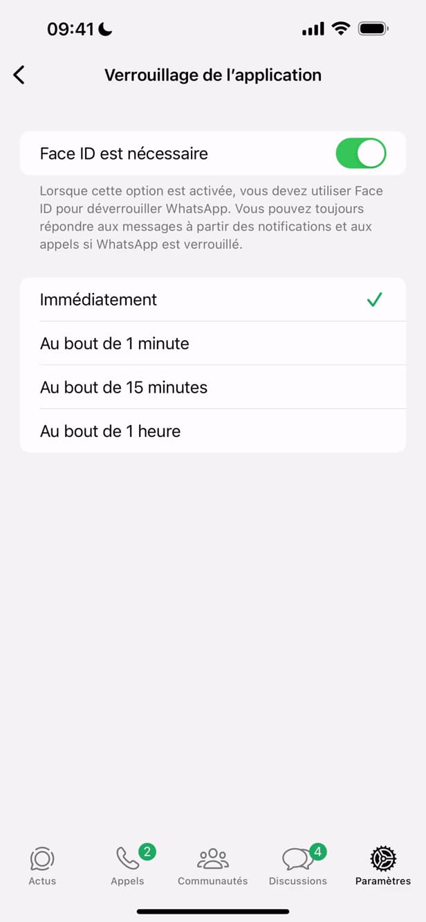 Activation de Face ID et choix du délai sur WhatsApp