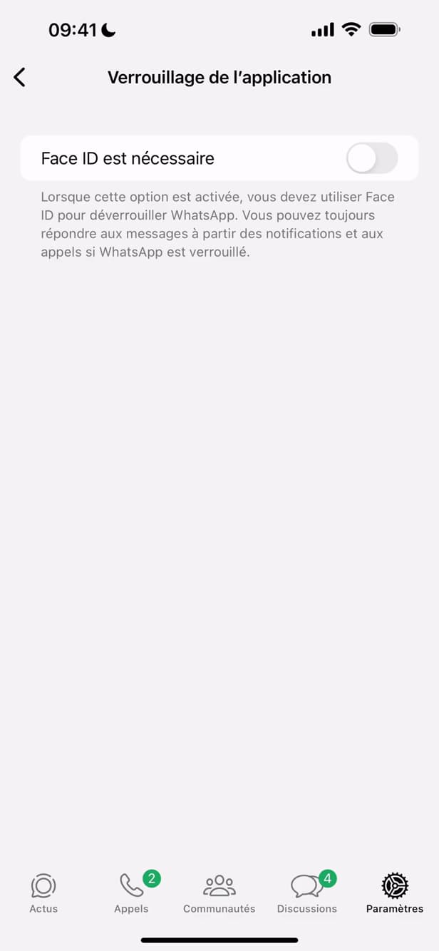Écran Verrouillage de l'application WhatsApp