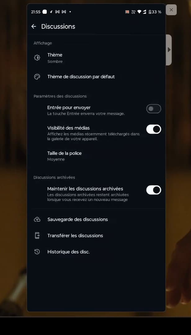 Paramètres Discussions de WhatsApp avec Sauvegarde des discussions
