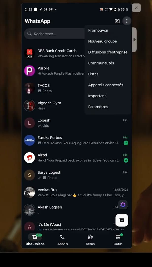 Menu WhatsApp avec l'accès aux Paramètres