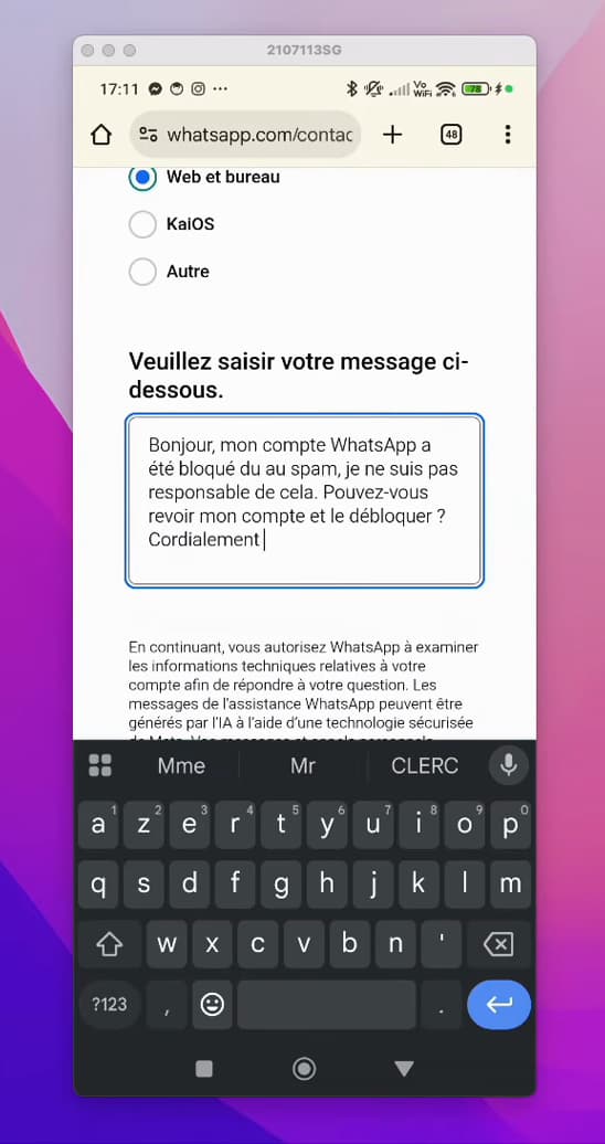 WhatsApp form message field filled in with the unblock request