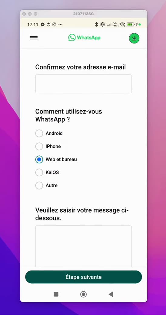 Choosing the WhatsApp platform (Android, iPhone, Web and desktop) in the form