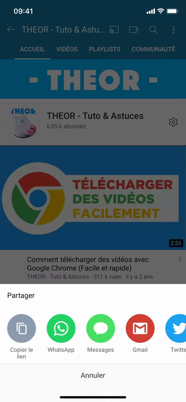 Share menu of a YouTube channel