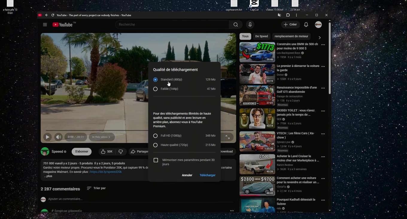 Bouton Télécharger sous une vidéo YouTube, à côté d'Enregistrer
