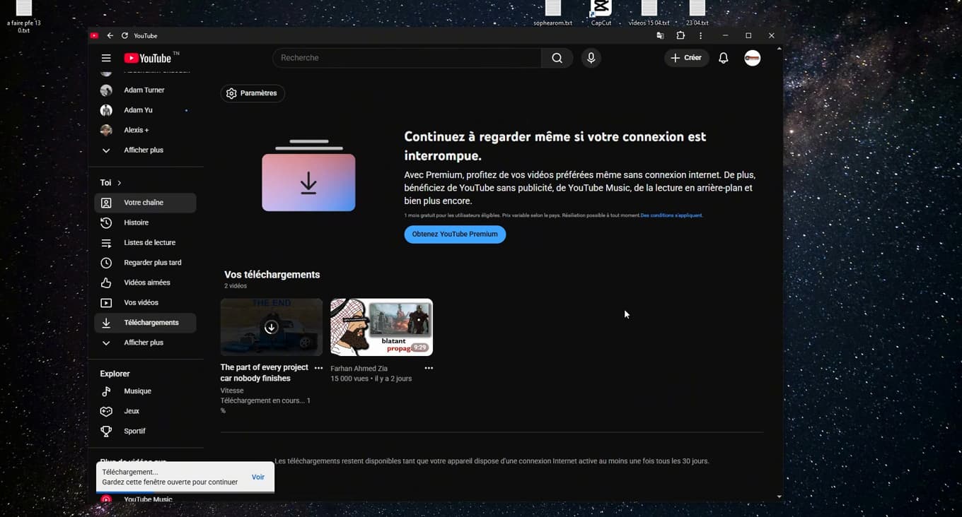 Section Téléchargements de YouTube avec les vidéos disponibles hors connexion