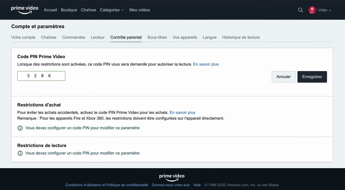 Onglet Contrôle parental d'Amazon Prime Vidéo