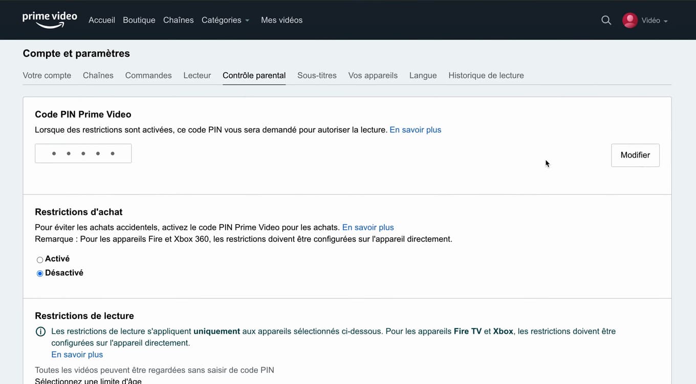 Restrictions de lecture et d'achat sur Amazon Prime Vidéo