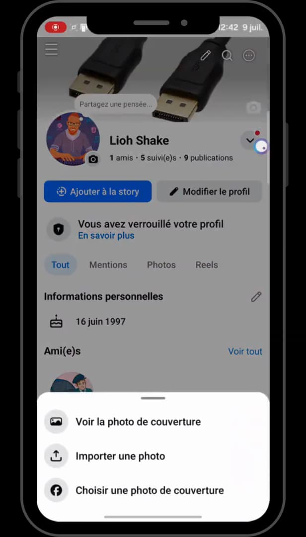 Facebook menu with the Upload cover photo option