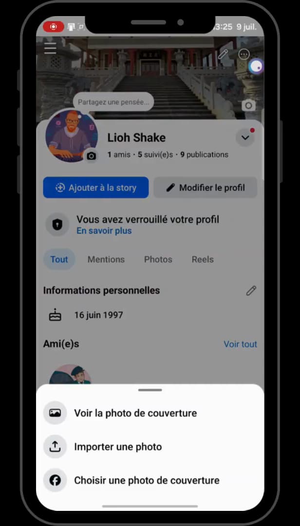 Menu Facebook avec l'option Choisir une photo de couverture