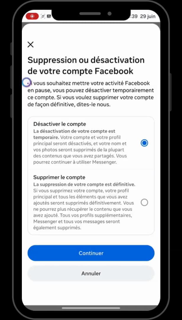 Facebook Deactivate or delete account screen with both options