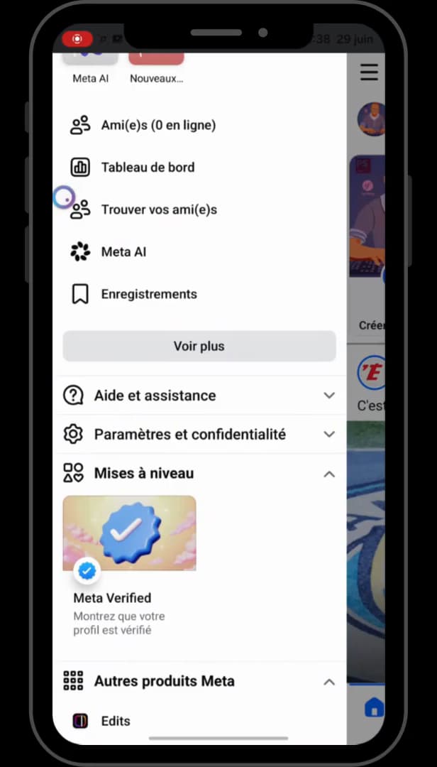 Facebook menu with access to Settings & privacy