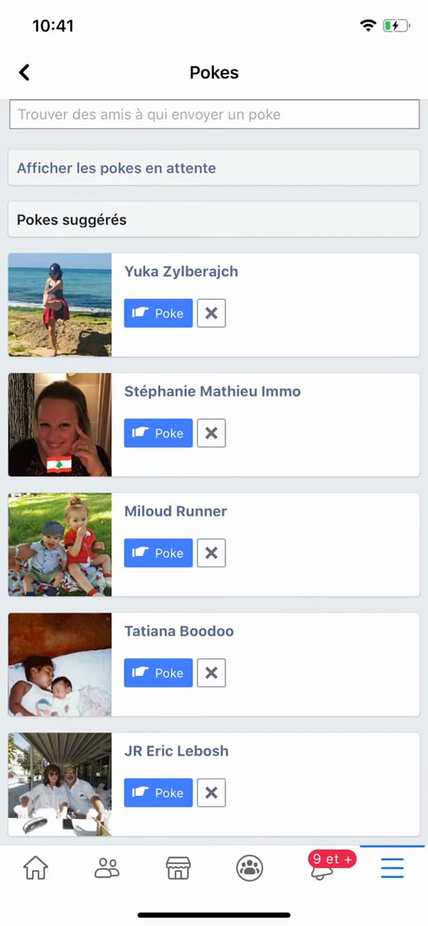 Liste des pokes suggérés sur Facebook