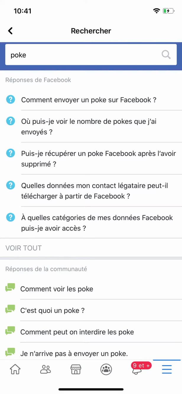 Recherche de la page Pokes sur Facebook