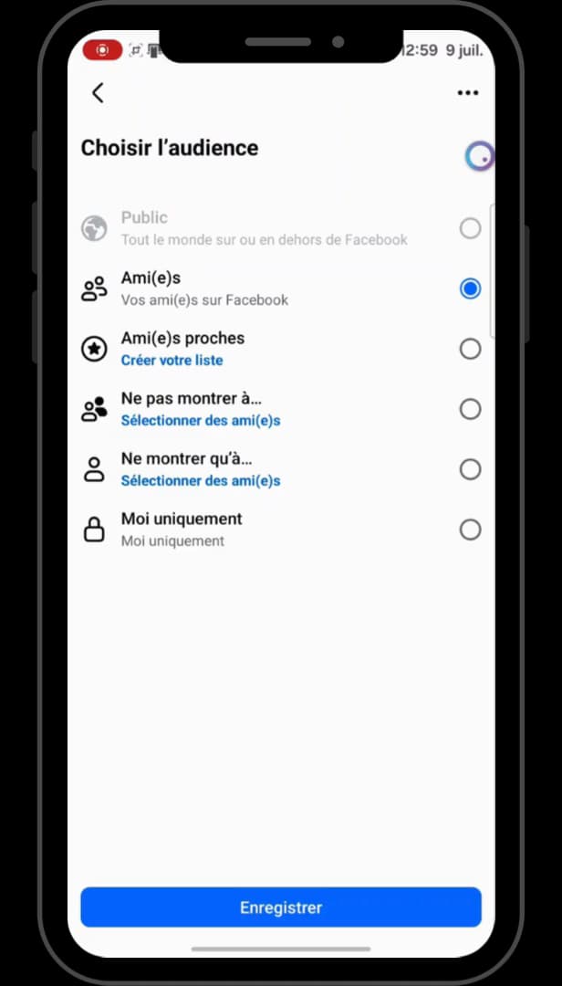 Choix de l'audience Facebook avec l'option Moi uniquement