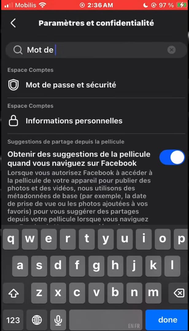 Facebook Password and security settings
