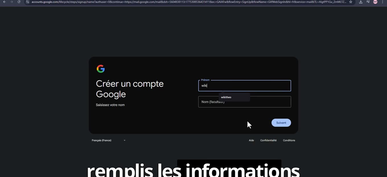 Formulaire Créer un compte Google avec les champs prénom et nom