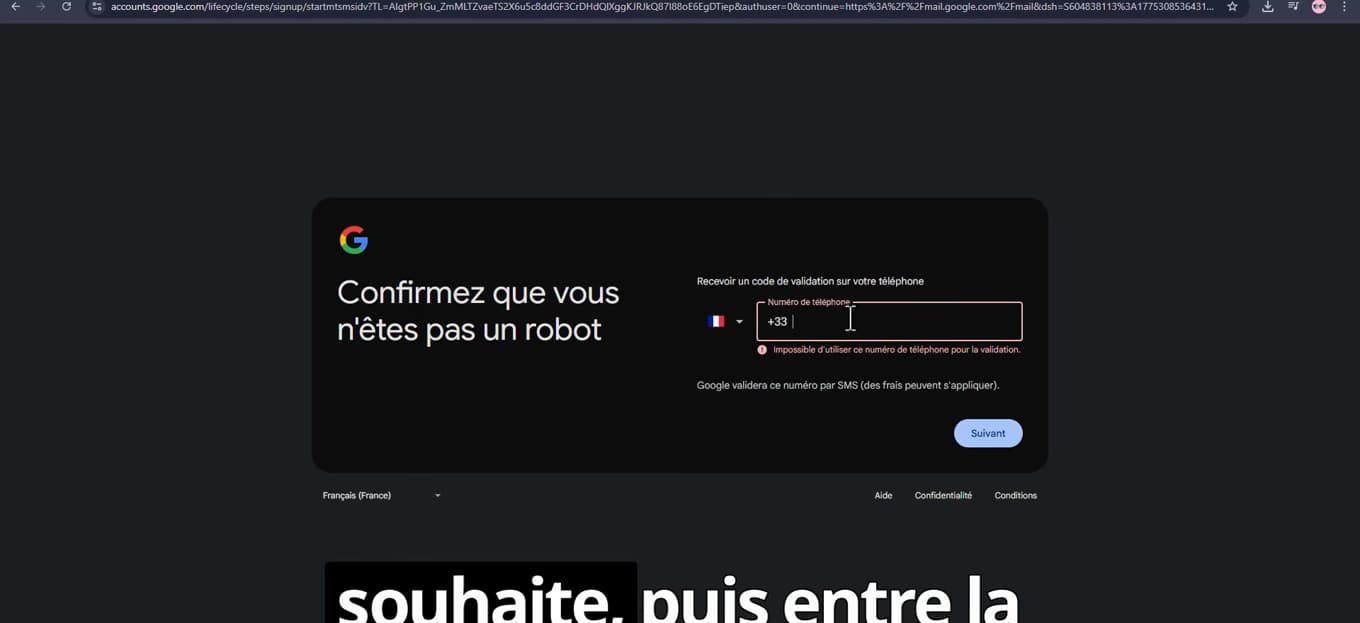 Étape de vérification par numéro de téléphone lors de la création d'un compte Google
