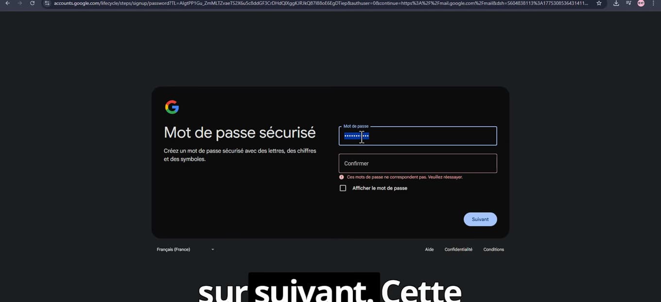 Écran de création d'un mot de passe sécurisé pour le compte Google