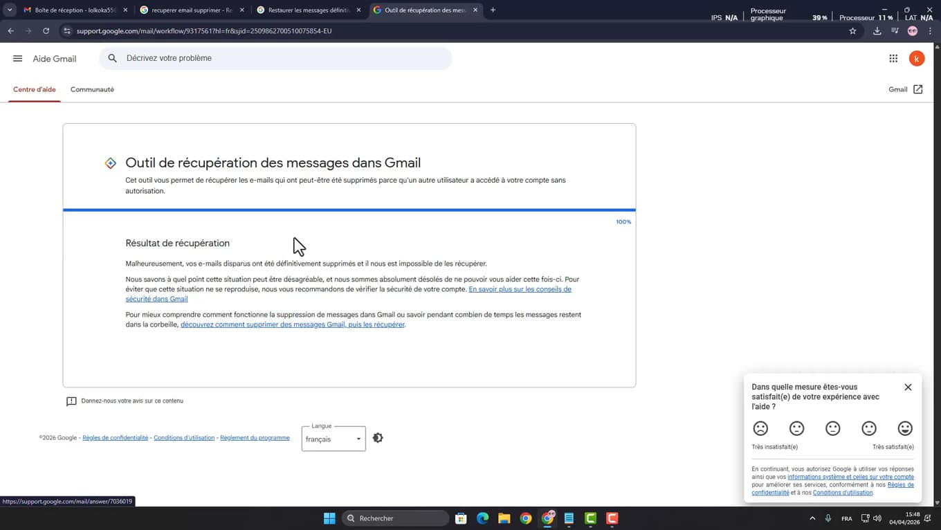 Summary of the Gmail message recovery