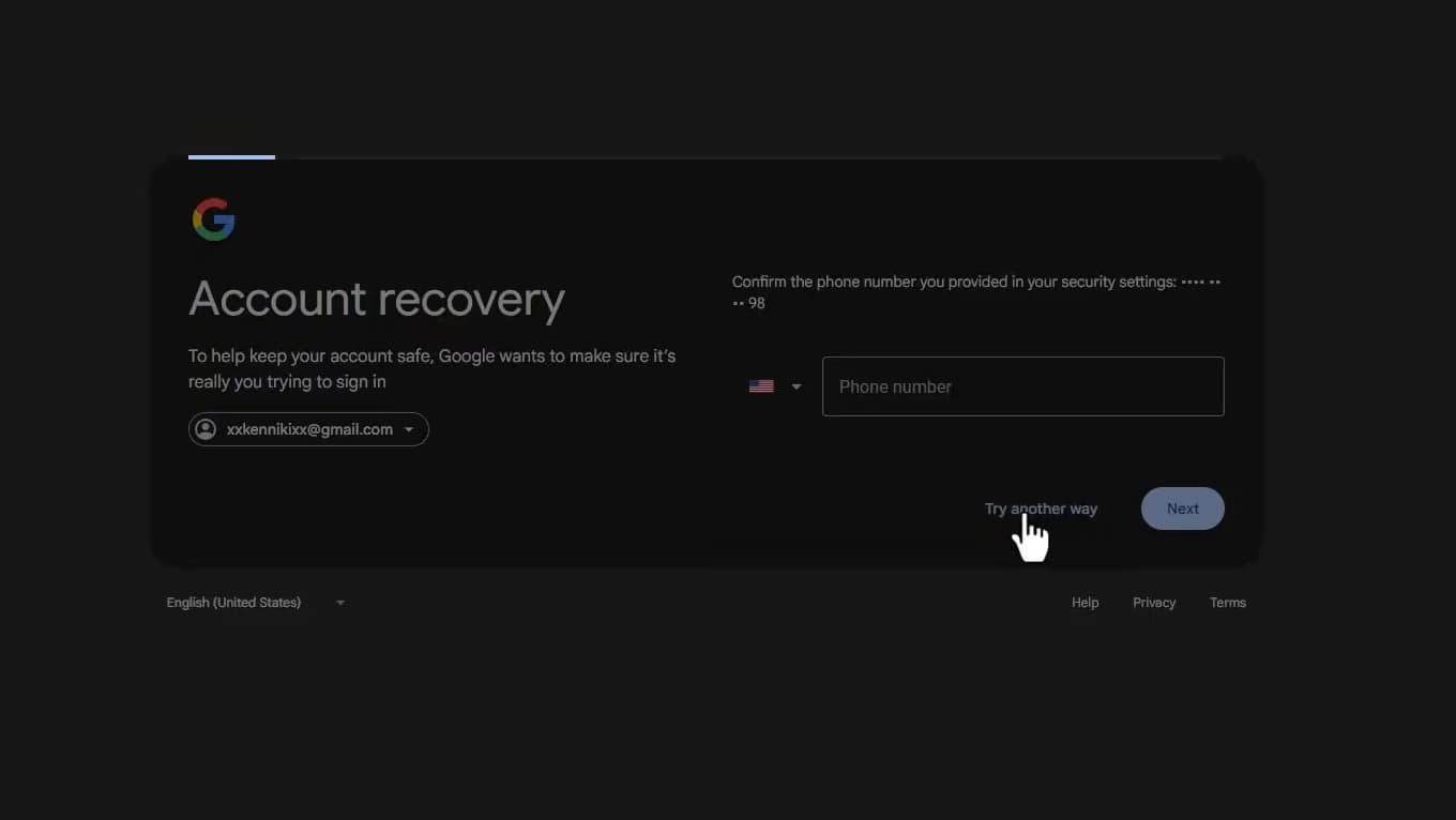 Google account identity confirmation screen with a verification field
