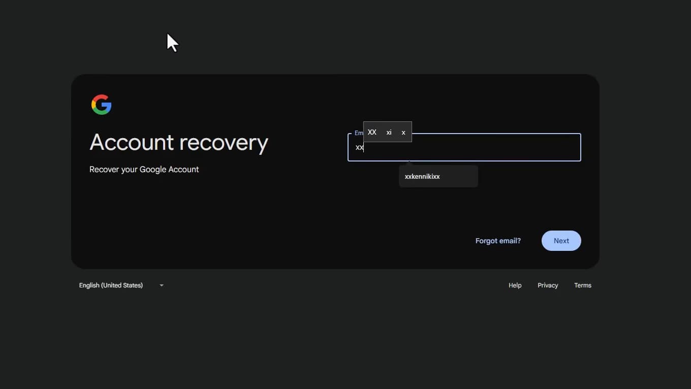 Google account recovery form
