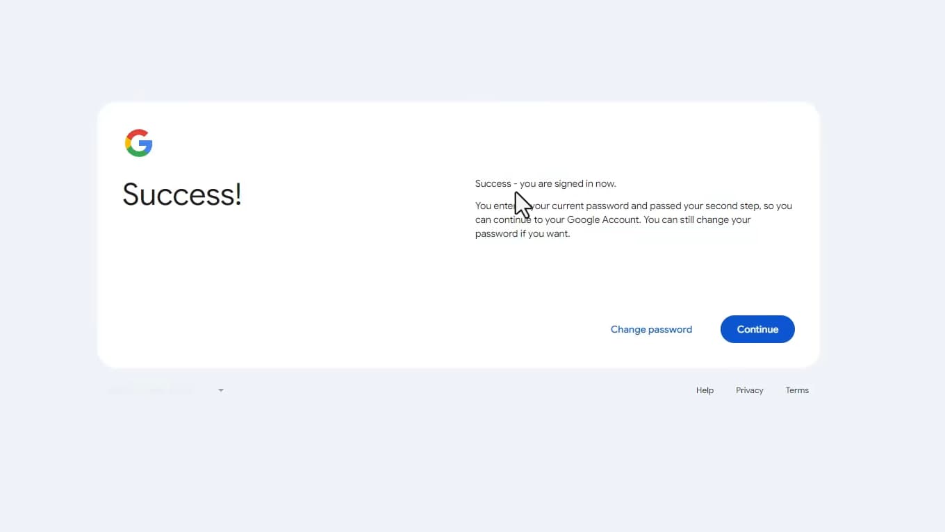 Success message confirming sign-in to the Google account